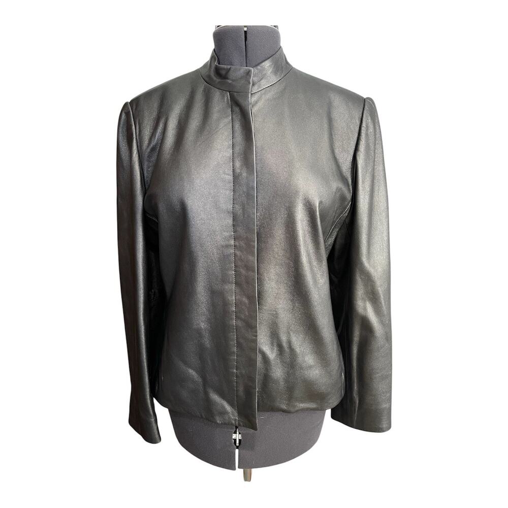 Jones New York Soft Leather Jacket Sz 14 Women Gray Metallic Button Closure VTG
